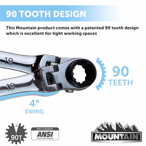 MOUNTAIN RM6, 5 Piece Metric Double Box Universal Spline Reversible Ratcheting Wrench Set, Extra Long Chrome Vanadium Steel, 90 Tooth, 4 Degree Swing Arc, Flexible Design for Hard to Reach Fasteners - size: 8mm-18mm