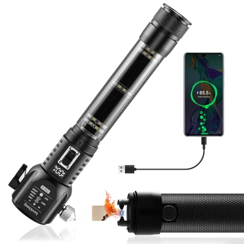18-in-1 Car Emergency Flashlight, Window Breaker Seatbelt Cutter | 800LM solar/usb flashlight, magnetic base, emergency power bank, electric lighter, 120dB alarm & compass. Ideal driver gift