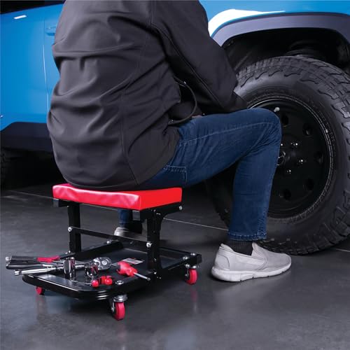 Performance Tool W85021 Folding C-Frame Creeper Rolling Work Seat with Tool Tray for Mechanic Garages and Workshops, Black/Red, 12.5-inch Height - style: C-Frame Seat (Folding)