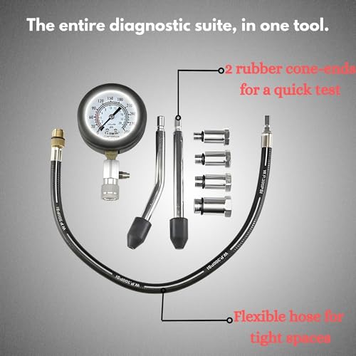 8 Piece Compression Test Kit – Professional Automotive Engine Trial Tool Set with Pressure Rubberized Portector Gauge, Angled Fittings, Flexible Hose & Multiple Adapters for Petrol, Gas Engines