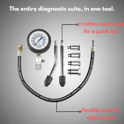 8 Piece Compression Test Kit – Professional Automotive Engine Trial Tool Set with Pressure Rubberized Portector Gauge, Angled Fittings, Flexible Hose & Multiple Adapters for Petrol, Gas Engines
