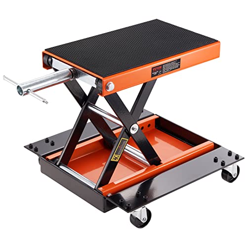VEVOR Motorcycle Lift 1100lbs ATV Scissor Lift Jack with Dolly & Hand Crank | Garage Repair Center Hoist Crank Stand with Wide Deck and Tool Tray for Street Bikes, Cruiser Bikes, Touring Motorcycles | Garage Repair Center Hoist Crank Stand with Wide Deck