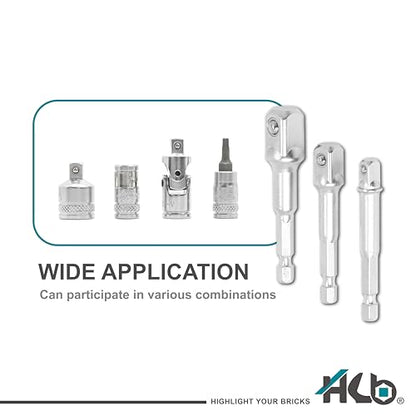 HB 3-Piece Socket Adapter Set AAM001-U | 1/4" Hex Shank Impact Driver Drill Adapters | 1/4", 3/8", 1/2" Drive | Chrome Vanadium Steel with Spring-Loaded Detent Ball | Professional Tools Made in Taiwan - size: 1/2" & 3/8" & 1/4" DR.