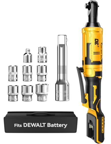 APEXPOWER 3/8 Inch Cordless Ratchet Wrench for DEWALT 20V Battery, 88Ft-Lbs, 0-400RPM, Electric Wrench Ratchet w/Variable Speed Trigger, Reinforced Head, R&F Switch, 7 Sockets,3/8" to 1/4" Adapter