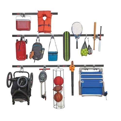 Rubbermaid 20-Piece FastTrack Garage Wall-Mounted Storage Kit 5 Rails and 15 Hooks for Home/House/Tool/Sports/Utility Purposes - size: 5 Rails, 15 Hooks