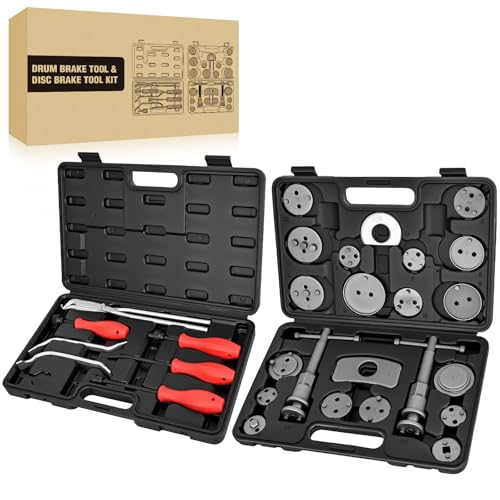 GOOACC 8PCS Drum Brake Tool Kit & 22PCS Disc Brake Caliper Compression Tool Set, 2 in 1 Brake Tools kit with Drum Brake Spring Caliper Piston Rewind Compressor Tool for Brake Installer Remover Black - color: 8pc+22pc Brake Tool Black