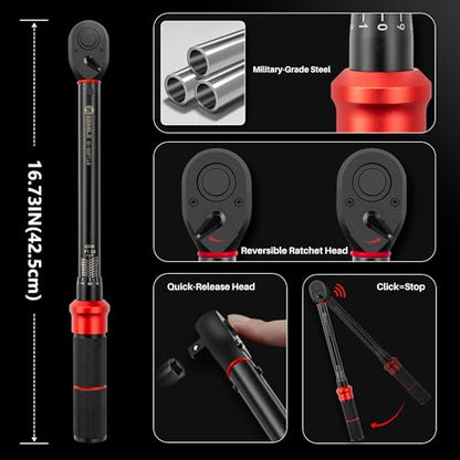 1/2-Inch Drive Click Torque Wrench-10-150 Ft-Lb for Car Motorcycle | Adjustable Inch Pound Torque Wrench (13.6-203.4Nm),72T Dual-Direction Dual Range, 3% Precision for Bike Lug Nut Machinery DIY - size: 1/2"DR. 10~150 FT-LB