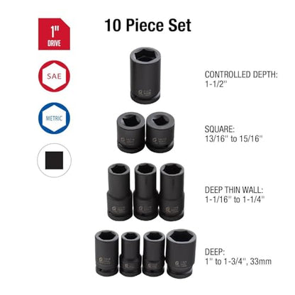 Sunex 5690A, 1 Inch Drive Heavy Duty Wheel Impact Socket Set, 10-Piece, SAE/Metric, Deep/Deep Thin Wall/Square/Controlled Depth, Cr-Mo Steel, Storage Case, Black - size: 1" Dr Wheel Impact Socket Set, 10 PC, style: SAE & Metric Wheel