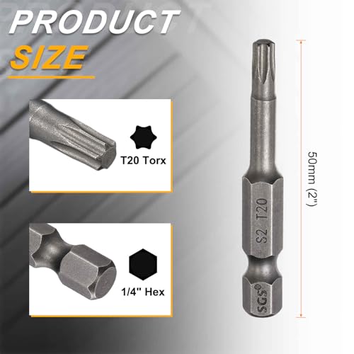 HARFINGTON 10pcs T20 Torx Head Screwdriver Bit 1/4" Hex Shank 2" (50mm) Long Magnetic No Hole Tip Tamper Proof 6 Point Star Screw Driver Drill Bits S2 Steel Industrial Power Screwdrivers - size: T20 x 2"