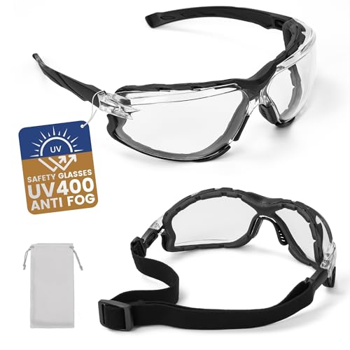 Flaya Foam Lined Safety Glasses Anti-Fog Z87.1 Mowing Goggles with Strap | Adjustable Elastic Strap, UV400 Protection, Fits Men & Women, Dust & Debris Protection, Lawn Care & Gun Range - color: Clear