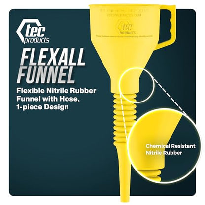 TEC Products FlexAll Long Flexible Funnels - Automotive Oil Funnel with Hose, Durable Nitrile Rubber for Oil Change, Transmission Funnel Fluid, Diesel, Fuel, Gas - Made in USA - Yellow (12 x 4 Inches) - color: Yellow, size: Small