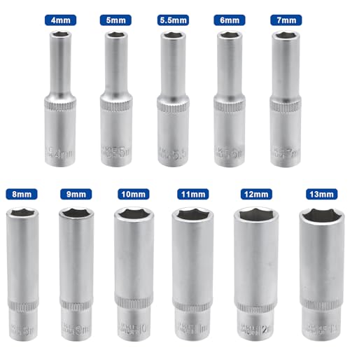 DAKCOS 11 Piece 1/4-Inch Drive Metric Deep Socket Set 4-13MM Lenth 50mm - size: 1/4"|SW 4-13 mm