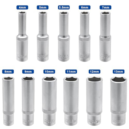DAKCOS 11 Piece 1/4-Inch Drive Metric Deep Socket Set 4-13MM Lenth 50mm - size: 1/4"|SW 4-13 mm