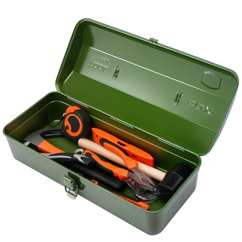 15 Inch Metal Tool Box with Lock - Portable Heavy Duty Workshop Tool Storage Case with Handle, Locking Hardware Organizer Box for Tools, Screws & Parts (Green) - color: green