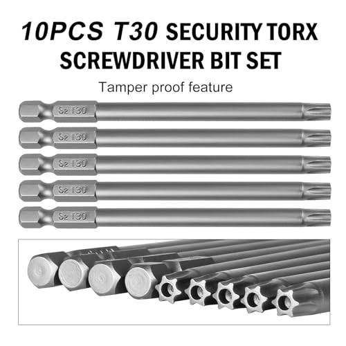 VESTTIO T30 Security Torx Bit Set, Tamper Proof Star Bits Set, Drill Bit Set, 10PCS, 1/4 Inch Hex Shank, 4 inch Length, S2 Alloy Steel, for Power Screwdriver Impact Driver, with Storage Case - size: T30/4 inch