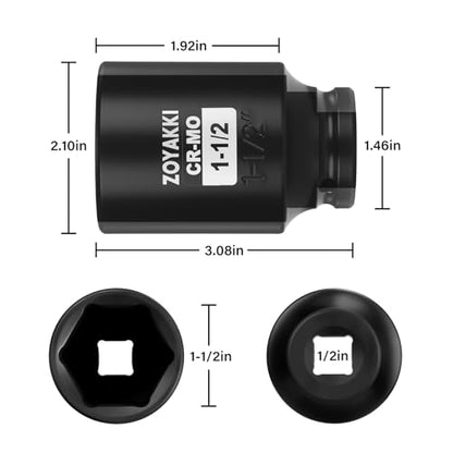 1-1/2" Socket 1/2" Drive Deep 6 Pt CR-MO SAE Impact Socket for Axle Shaft Nut Removal - size: 1-1/2"in., style: 1/2" Drive Deep