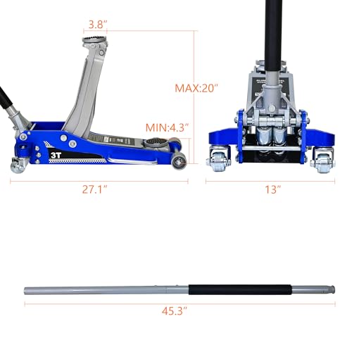 3-Ton Low-Profile Floor Jack Dual-Piston Pump 3.1-18.7in Lift Aluminum Steel Industrial Blue Silver for Cars Trucks SUVs - color: Blue,Silver