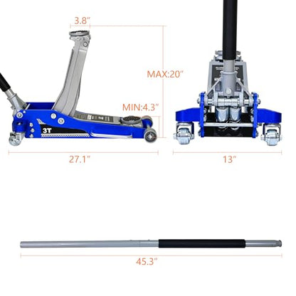 6600lbs/3Ton Aluminum Steel Floor Jack Dual Piston Hydraulic Car Jack | Fast lift dual piston pump, lifting range 4.3"-20", heavy duty racing trolley car jack for MVP, SUVs & Trucks - size: 3ton Aluminum Steel(4.3"-20")