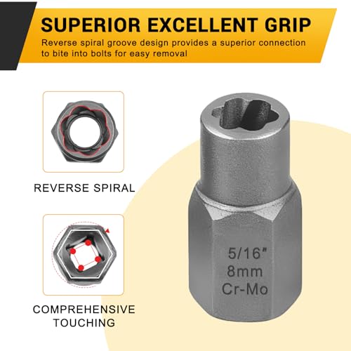 14 Pcs Bolt Extractor Kit-3/8" Drive for IMPACT Stripped Bolt Extractor Set Made Of Cr-Mo Steel, Extractor Socket Set For Damaged, Studs, Rusted, Rounded-Off Bolts, Nuts & Screws