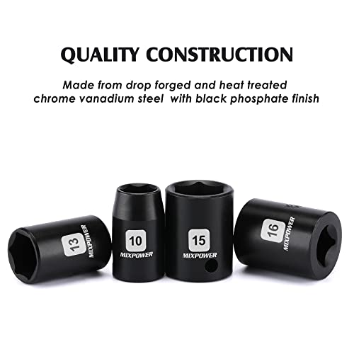 MIXPOWER 13 Pieces 3/8-Inch Drive Shallow Impact Socket Set, 7mm to 19mm, CR-V, Metric, 6 Point, Shallow, 13 Pieces 3/8" Dr. Socket - size: 9/32" - 3/4" (Shallow)