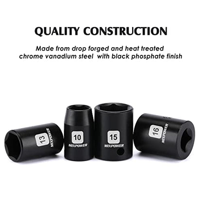 MIXPOWER 13 Pieces 3/8-Inch Drive Shallow Impact Socket Set, 7mm to 19mm, CR-V, Metric, 6 Point, Shallow, 13 Pieces 3/8" Dr. Socket - size: 9/32" - 3/4" (Shallow)