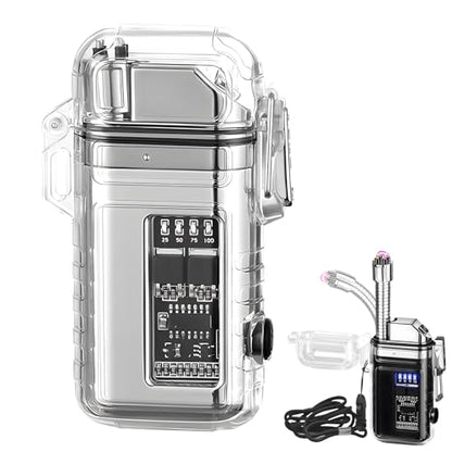 Electric Lighter with 360° Flexible Long Neck Plasma Lighters, LED Battery Display & Flashlight, USB Rechargeable Flameless Arc Windproof Lighters for Candle, Outdoor, Camping, Survival (Silver) - color: Silver