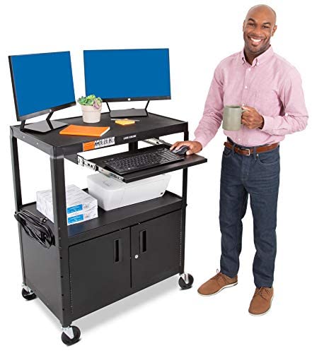 Line Leader Extra Wide AV Cart with Locking Cabinet, Rolling Computer Desk, Height Adjustable Utility Cart with Pullout Keyboard Tray & UL-Listed Power Strip, Great for Projectors (42 x 32 x 20in) - color: Cabinet + Keyboard Tray, size: 32" L x 20" D x 42