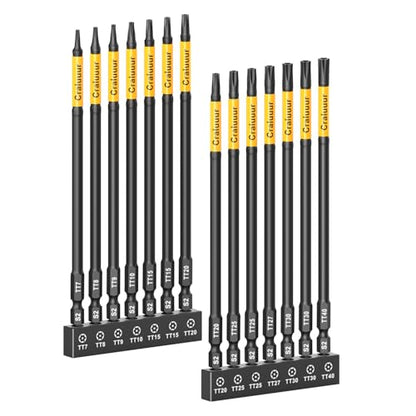 14PCS Impact Long Torx Bit Set, 6-Inch, T7–T40, Tamper Proof Star Bits Set, Magnetic Security Torx Bit Set with 1/4 Inch Hex Shank, S2 Steel, Ideal for Automotive, DIY, Electronics