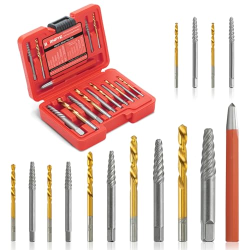 15 Pieces Screw Extractor Kit, 37# Cr-Mo & 6542 Hss Steel Cobalt Left Hand Drill Bits Set for Removing Broken Bolt and Rounded Nut, Ez Out Stripped Screw Set with Center Punch