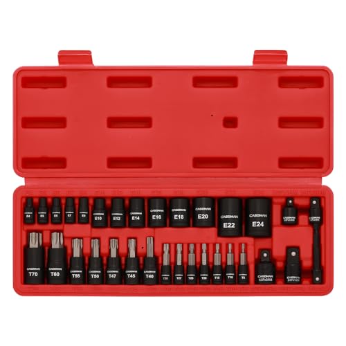 CASOMAN 32-Piece Torx Bit Socket and Female External Socket Set, 14 Star Bits (T8- T70) and 13 Female E-Torx Sockets (E4-E24), Include 5 Impact Socket Adapter - size: 32-Piece (T8-T70 & E4-E24)