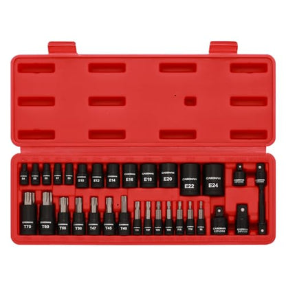 CASOMAN 32-Piece Torx Bit Socket and Female External Socket Set, 14 Star Bits (T8- T70) and 13 Female E-Torx Sockets (E4-E24), Include 5 Impact Socket Adapter - size: 32-Piece (T8-T70 & E4-E24)