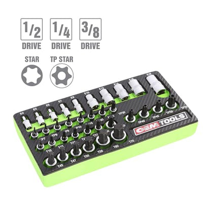 OEMTOOLS 35Pc Multi-Drive Star Socket Set, Heat Treated Torx Socket Set | EVA Foam Tray, Unique Alloy Steel, Rust Resistant Hard Chrome Finish, Posi-Grip No-Slip, 1/4" 3/8" and 1/2" Drive Sockets - size: 35 Piece