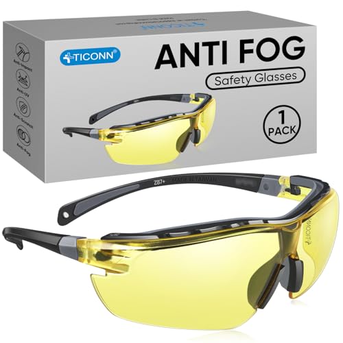 TICONN Anti-Fog Safety Glasses for Men and Women, ANSI Z87.1 Scratch Proof Eye Goggles with Adjustable Arms and UV Protection - style: 1 Pack/Yellow