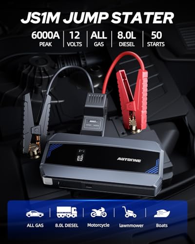AUTOONE Car Jump Starter 6000A Battery Booster, Portable Battery Pack for All Gas 10L Diesel, 12V Jump Box with Smart Jumper Cable for Car Battery, Vehicle Lithium Starter, LCD Display, w/LED Light - size: 6000A-JS1M