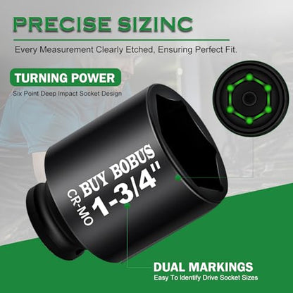 1/2" Drive Impact Socket Set, 9-Piece Standard SAE Deep Axle Nut Sockets, 6-Point, Cr-Mo,1-1/4，1-3/8，1-7/16，1-1/2，1-9/16，1-5/8，1-11/16，1-3/4, Impact Socket Adapter (3/4" x 1/2") - size: 9 Piece 1/2" SAE Impact Socket Set