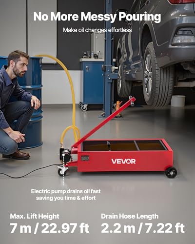 VEVOR Low Profile Oil Drain Pan, 17 Gal Capacity, Rolling Oil Drain Pan with 110V High-Flow Electric Pump, 7.2 ft Hose & T Folding Handle, Leak-Proof & Corrosion-Resistant, Fit for Trucks, ATVs, Red - size: 39.76 x 23.62 x 26.77 in
