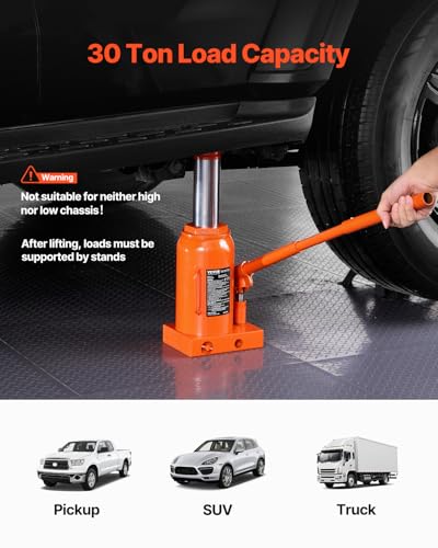 VEVOR Hydraulic Bottle Jack, 30 Ton/66138 lbs Welded Bottle Jack with 11.22''-18.66'' Lifting Range & 3-Section Long Handle, for Car, Pickup, Truck, RV, Auto Repair, Industrial Engineering - size: 30T