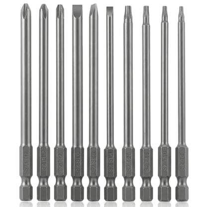VESTTIO 10PCS Long Screwdriver Bit Sets, 4 Inch/100 mm | 3 Slotted 3 Phillips 4 Security Torx, 1/4 inch Hex Shank, S2 Steel, Magnetic Bit Assortment - size: 3SL4TX3PH / 4 inch