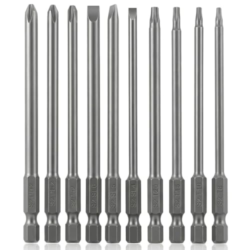 VESTTIO 10PCS Long Screwdriver Bit Sets, 4 Inch/100 mm | 3 Slotted 3 Phillips 4 Security Torx, 1/4 inch Hex Shank, S2 Steel, Magnetic Bit Assortment - size: 3SL4TX3PH / 4 inch