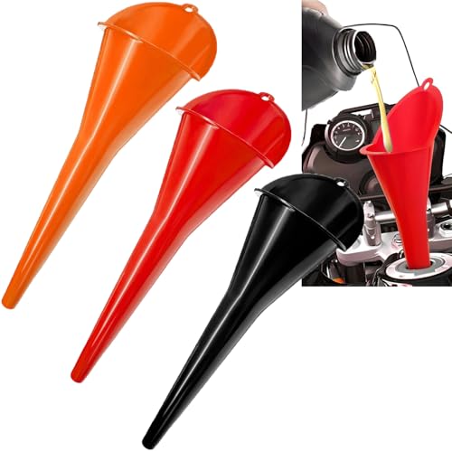 3-Pack Long-Neck Oil Funnels, 11" Multi-Purpose Funnels for Automotive & Motorcycle Use – Reusable Funnel for Oil, Gas & Transmission Fluid (Black+Red+Orange) - color: Black+Red+Orange