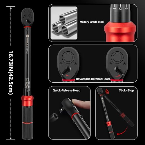 1/2-Inch Drive Click Torque Wrench-10-170 Ft-Lb for Car Motorcycle | Adjustable Inch Pound Torque Wrench(13.6-230.5Nm),72T Dual-Direction Dual Range Scales,3% Precision for Bike Lug Nut Pipe DIY - size: 1/2"DR. 10~170 FT-LB