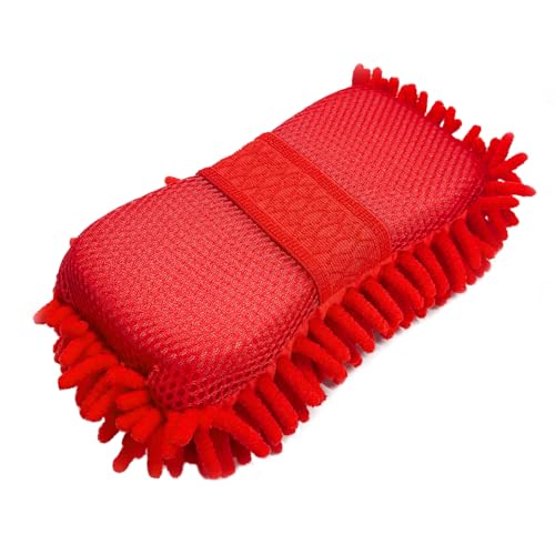 Microfiber Car Wash Sponge, Scratch-Free Vehicle Washing Mitt with Chenille & Mesh Sides, Highly Absorbent Sponge Lint-Free Cleaning Tool for Car Washing & Detailing (Red) - color: Red