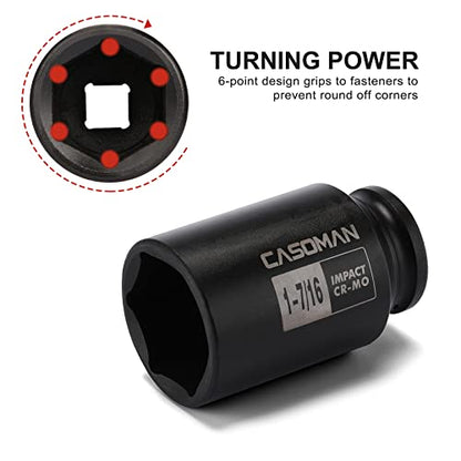 CASOMAN 1/2-Inch Drive Deep Spindle Axle Nut Impact Socket Set, 6 Point, CR-MO, SAE, 1" to 1-1/2", 8-Piece 1/2" Dr. Deep Impact Socket Set - size: 1/2" Dr. 8pcs (1" - 1-1/2")