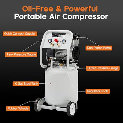 Albott 10 Gallon Electric Air Compressor, 1.8 HP Vertical Wheeled Tank | Oil-Free Air Compressor with Copper Motor 115 PSI Max Pneumatic Tool Tire Inflation Use - style: 10 Gal
