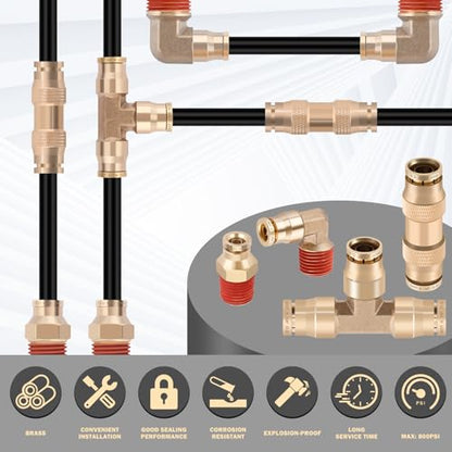 CheeMuii 12 Pcs 1/4 Brass DOT Air Fittings With 50 FT 1/4" DOT Air Line Kit 15 Meter Pneumatic Tubing with DOT Air Fittings for Semi Truck Trailer or Industrial Air System - size: 1/4Inch-15Pcs