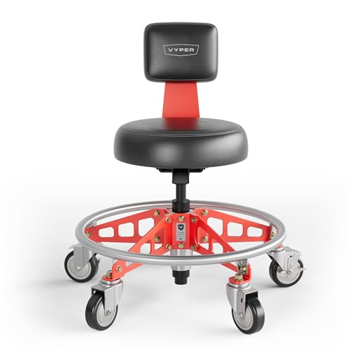 Vyper Elevated Steel Max EZ-Lift Shop Chair with Backrest, Red Legs | Rolling Stool for Workbench Height, 17" - 22.5", 400 lb Capacity, Industrial Casters, Adjustable Ergonomic Mechanic Seat - color: Red