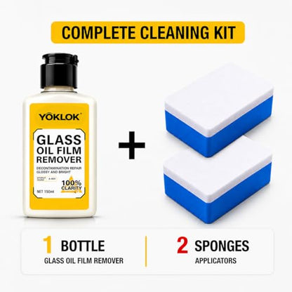Glass Oil Film Remover for Car Windows, Professional Windshield Cleaner & Restorer, Eliminates Water Spots, Grime & Night Glare, Auto Glass Stripper Kit with 2 Sponges, 150ml (5.1oz)