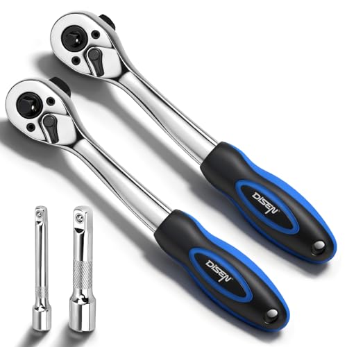 DISEN Ratchet Wrench, 2 in 1 Bit Socket Wrench with 1/4", 3/8", 1/2" Drive, 72-Tooth, Reversible, CR-V Steel Made, CR-MO Head, Dust Proof Teardrop Enclosed Head, Gifts for Men