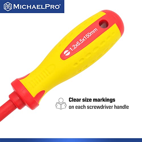 MichaelPro 6.5 x 150mm 1000V VDE Insulated Screwdriver, Electrician Tools, Slotted Screwdriver with Magnetic Tip, CR-MO Steel Blade, 10,000V Tested and Certified for Electrician Safety - MP002033 - size: 1-Piece 6.5 x 150mm Slotted