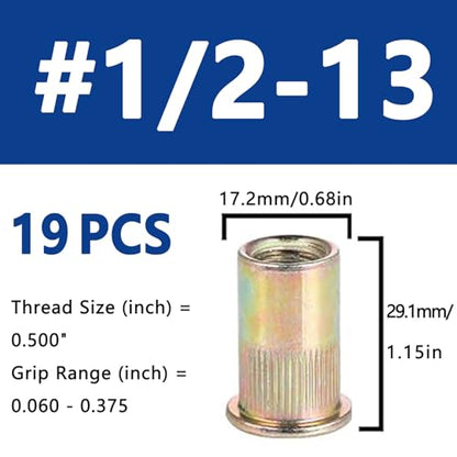 1/2''-13 UNC Rivet Nut, 19Pcs Zinc Plated Finish Carbon Steel Flat Head Threaded Insert Nutsert Kit - color: Yellow, size: 1/2''-13